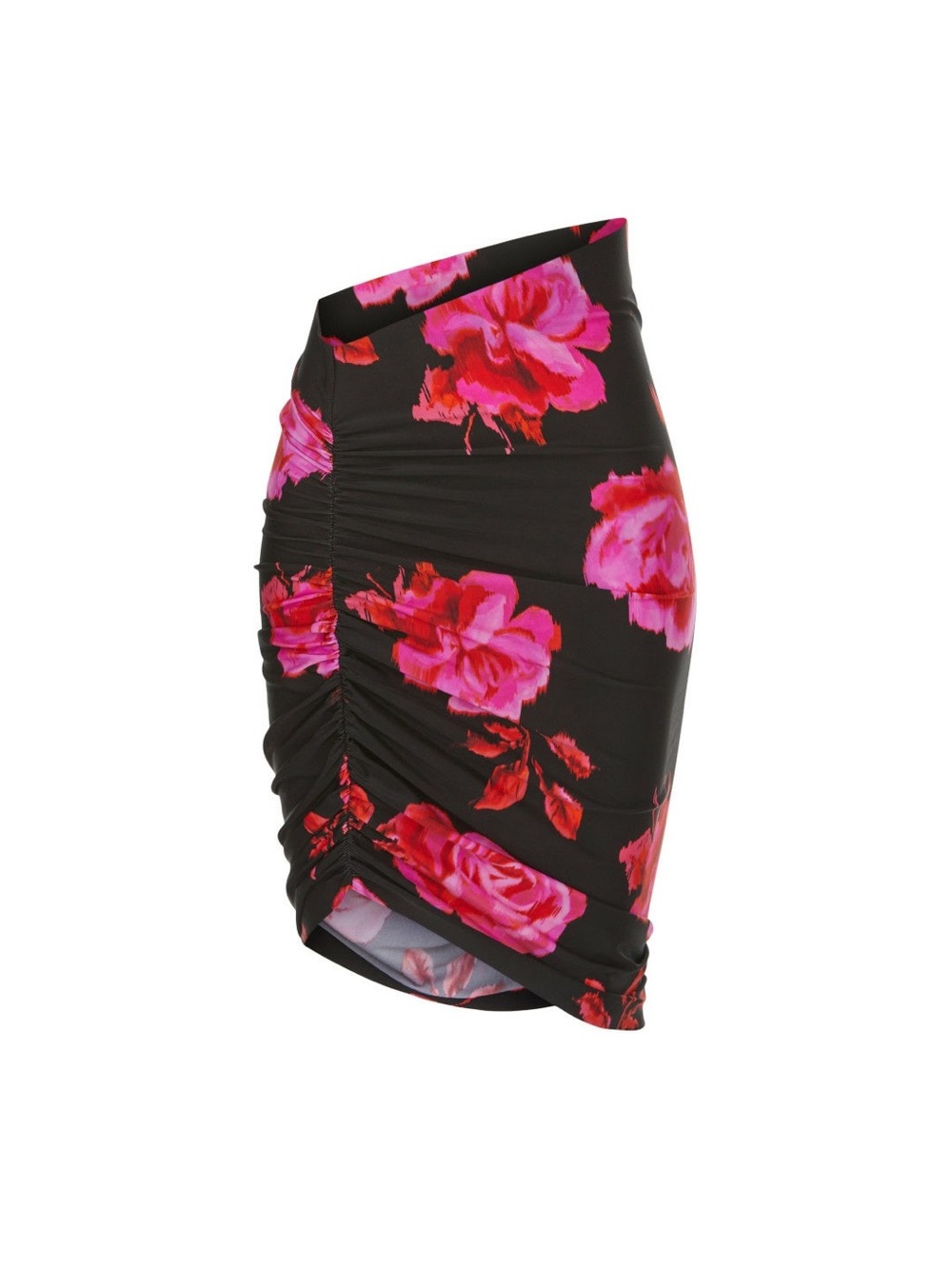 Black Floral Ruched Bodycon Skirt - Pink Rose Print